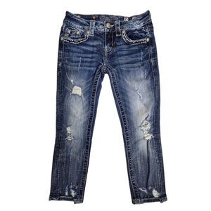 Miss Me Signature Cropped Jeans Distressed Embellished Flap Pocket Blue Sz 25